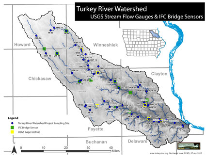 Turkey River Watershed Bridge Sensors and USGS Gauges